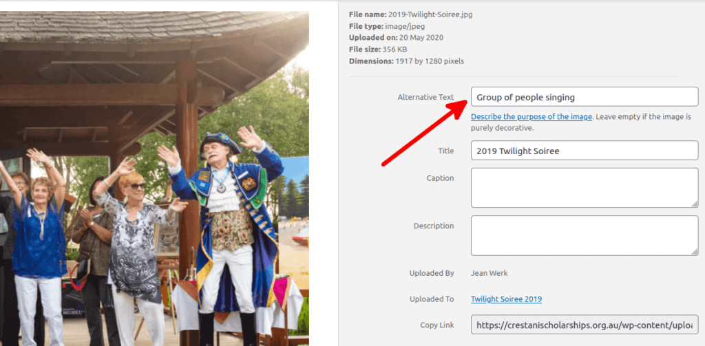 Screenshot showing the Alt Text field