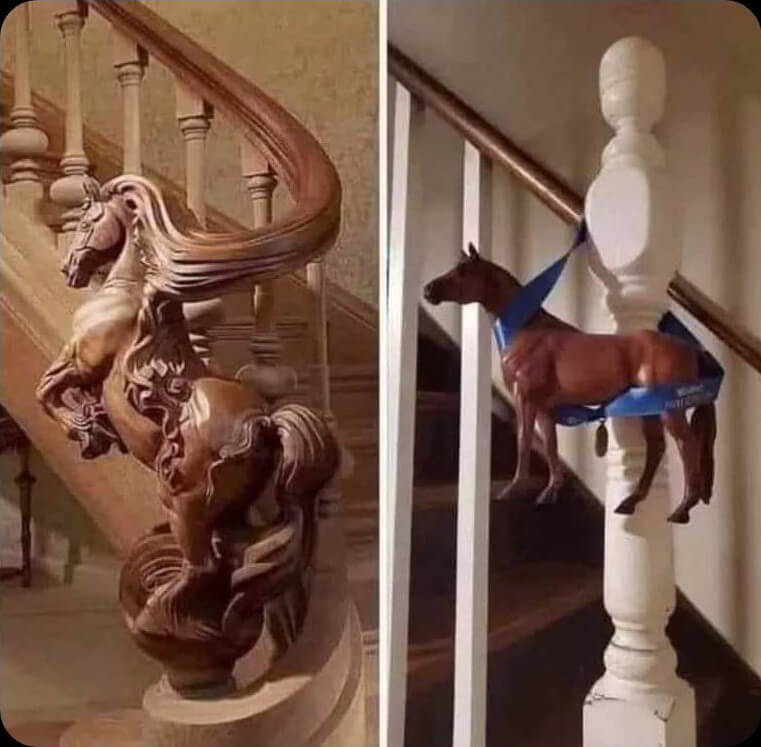 2 pictures of railings with a wooden horse. Left horse is sculpted in a fine railing. Right horse is hanging with a strap from a cheap railing.