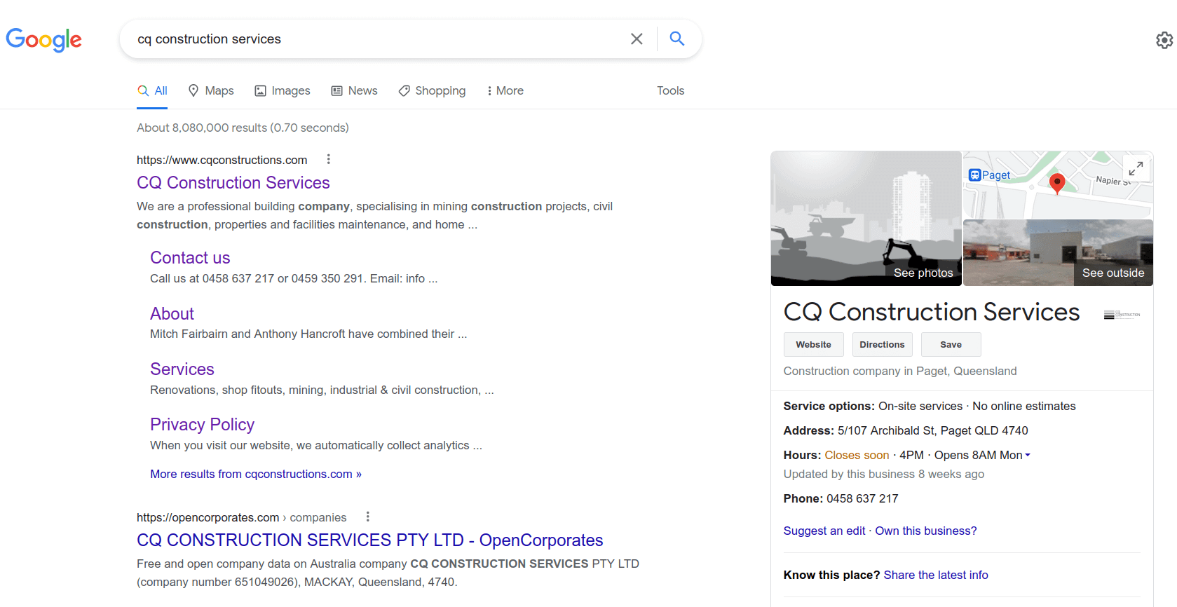 Screenshot of Google search results for a construction company