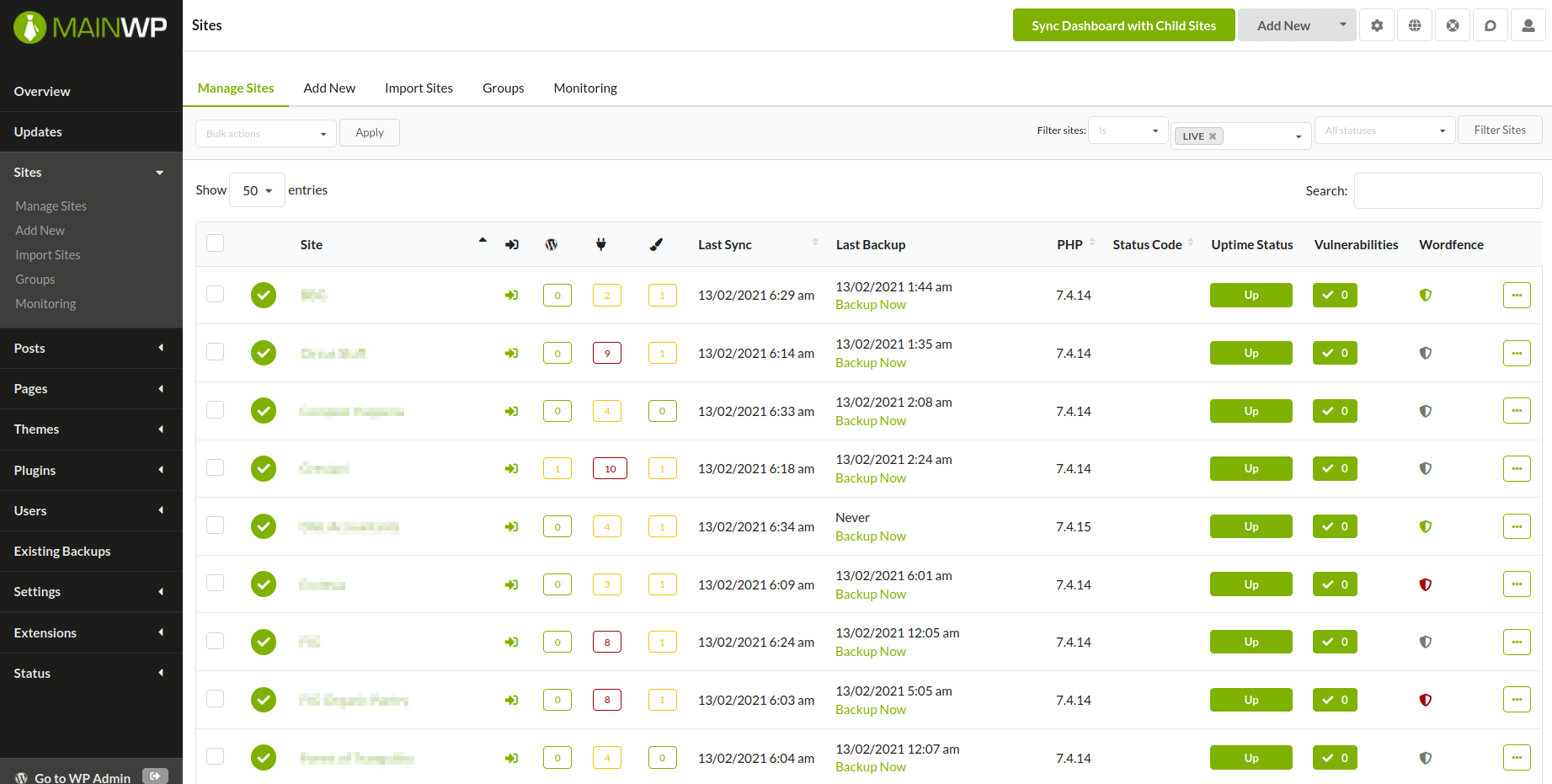 Screenshot of our central website management console