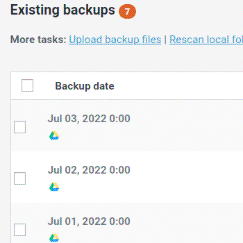 Partial screenshots of backup plugin