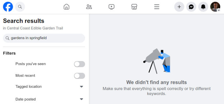 Facebook search with no result found